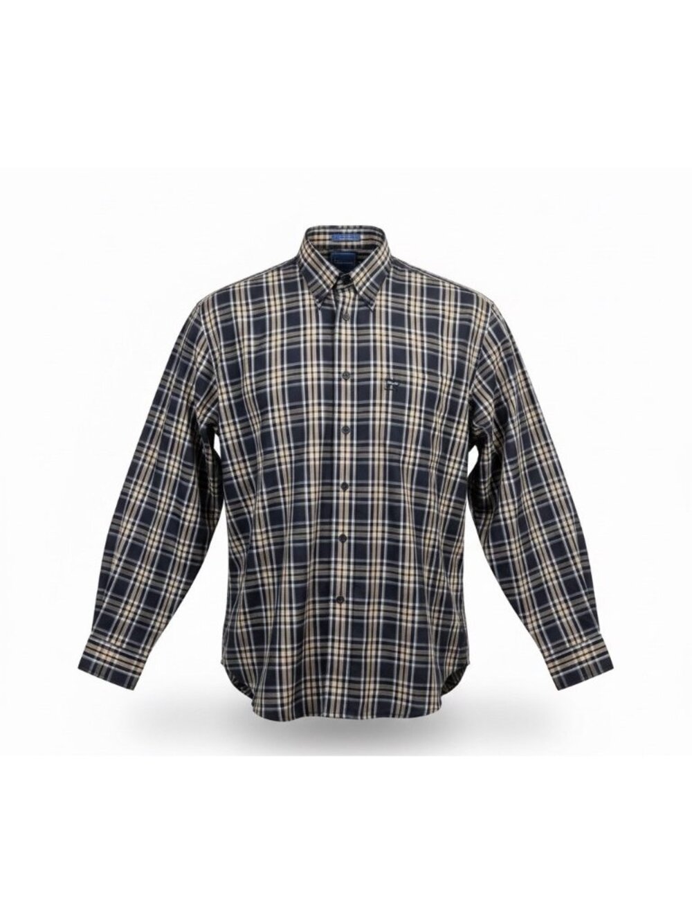 Faconnable Mens Navy & Beige Plaid Button-Up Shirt Casual Fit Size XL